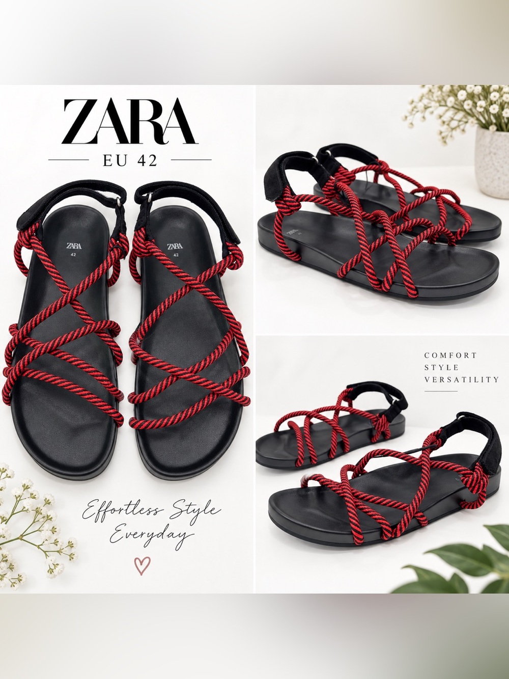 ZARA Red & Black Rope Strap Sandals – EU 42 / US 11 – NWT